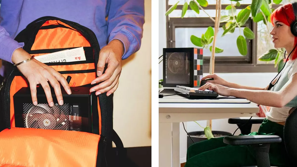 A person is placing the framework mini dektop into an orange-lined backpack on the left and typing at a desk with a colorful framework computer setup on the right.