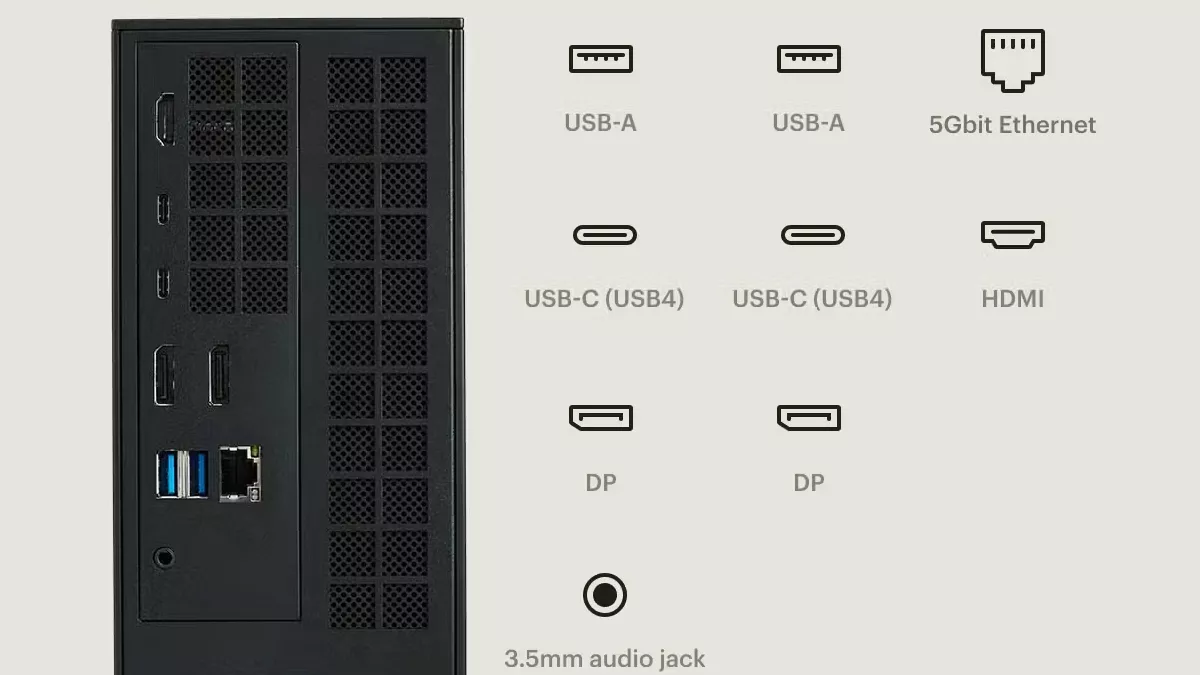 framework modular computer rear panel showing various ports: USB-A, USB-C, HDMI, DisplayPort, Ethernet, and audio jack options.
