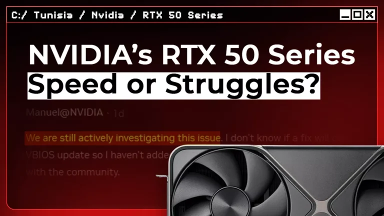 A close-up of an NVIDIA RTX 50 Series graphics card with a red background showing a message about investigating performance issues.